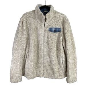 Pendleton Women’s Cream‎ Blue Plaid Accent Fuzzy Full Zip Teddy Jacket XL